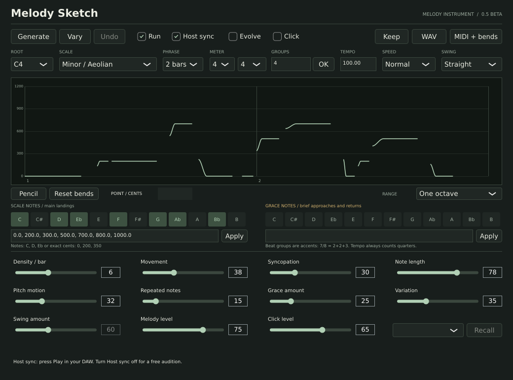 Melody Sketch editor with pitch curves, scale and grace notes, rhythm controls and export